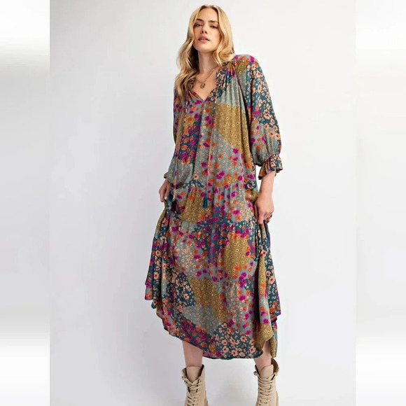 Easel Floral Patchwork Print Rayon Gauze Long Sleeve Dress New - Picture 2 of 6